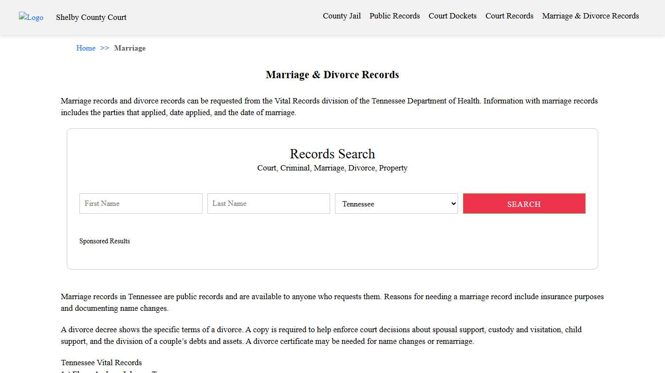 Marriage & Divorce Records Shelby County TN Records